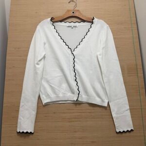 English Factory White Scalloped Ric Rac Trim Button Front Cardigan Sweater Small